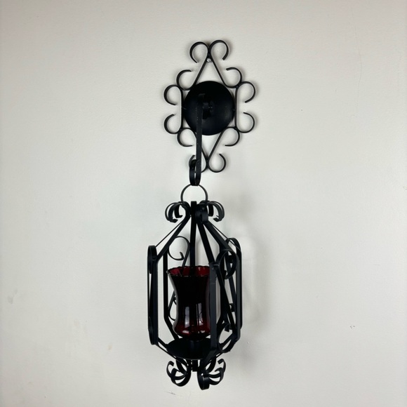 Vintage Other - MCM-hanging metal scroll lantern with red glass votive holder-Spanish/goth/Vtg